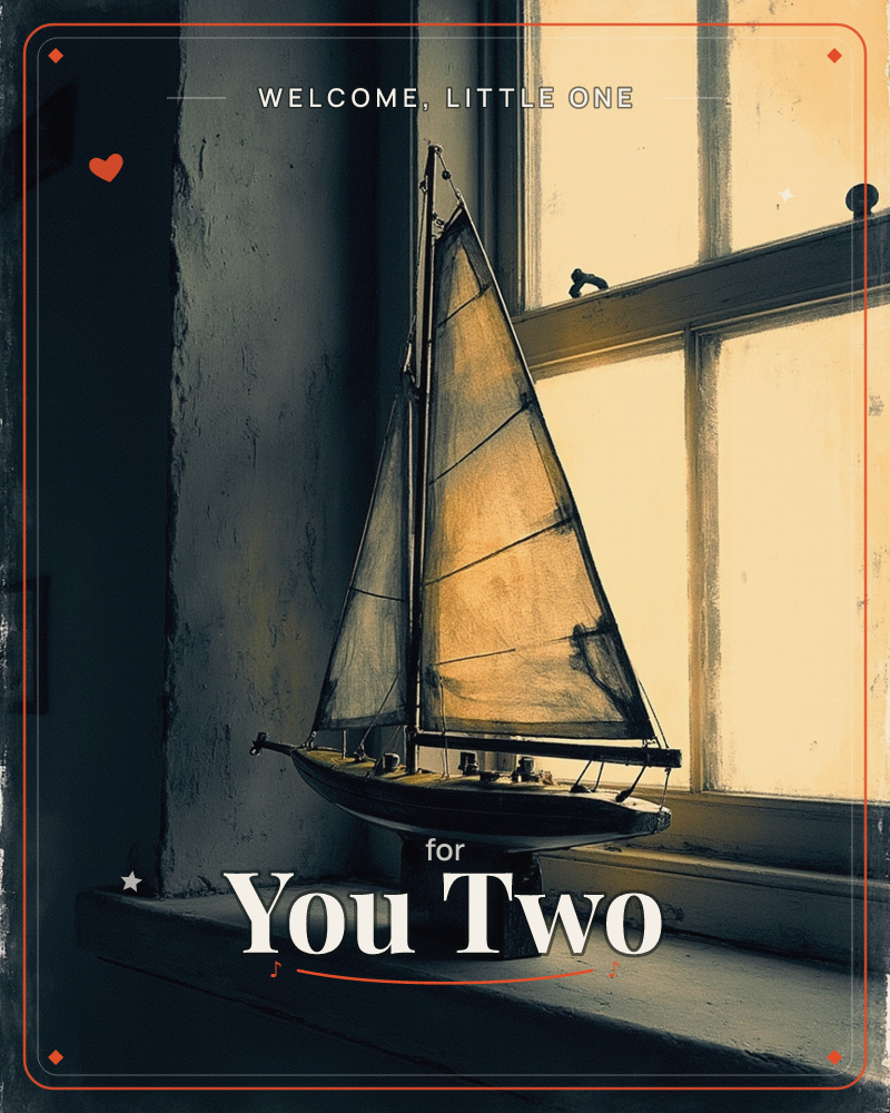 A small wooden model sailboat sits on a windowsill, its cloth sails glowing amber where late sunlight passes through old glass panes, a new baby e-card design