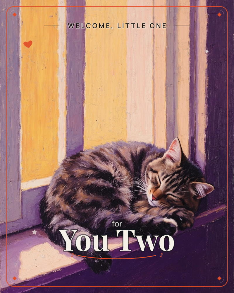 A tabby cat curls up asleep on a windowsill, its striped fur catching warm light against a backdrop of painted purple and gold stripes, a new baby e-card design