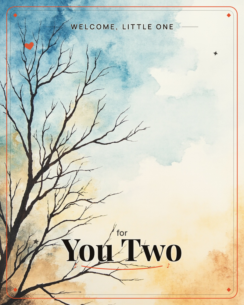 A bare tree with intricate, spindly branches reaches up from the lower left corner against a soft watercolour sky, a new baby e-card design