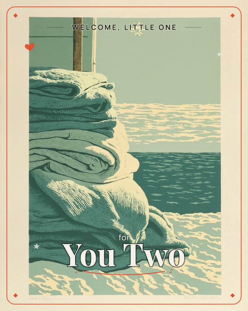 A stack of folded towels sits piled on a wooden dock or pier post, rendered in bold woodcut lines of teal and cream, a new baby e-card design
