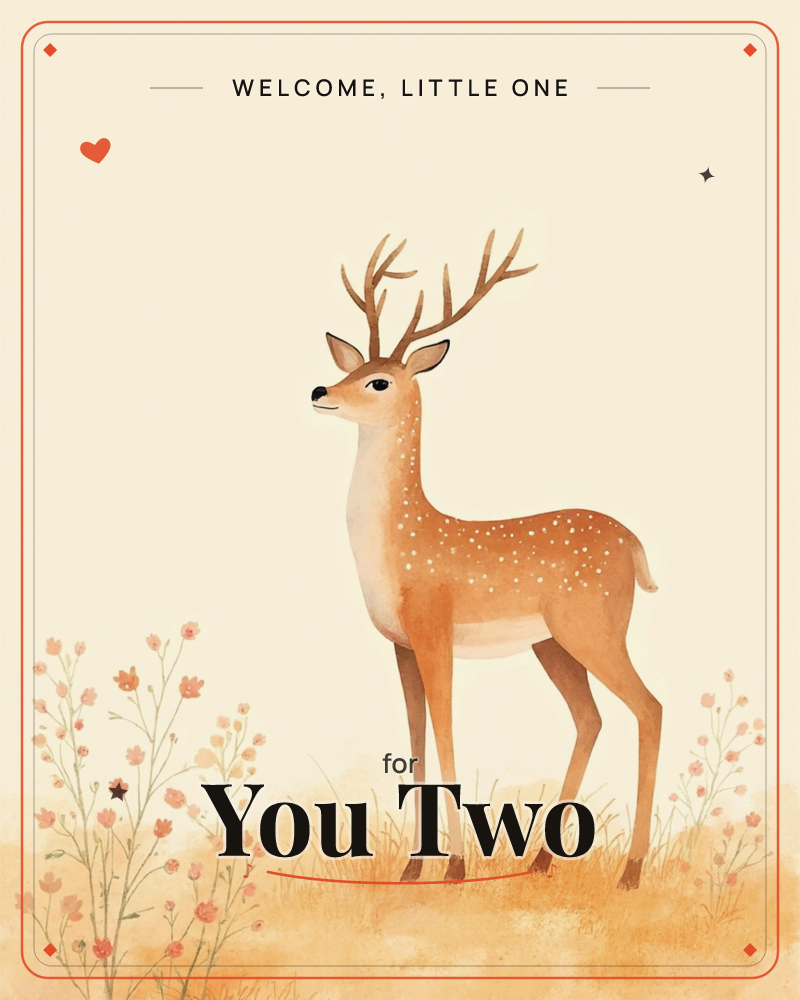 A spotted deer with tall branching antlers stands quietly in a golden meadow, its coat dappled with soft white marks, a new baby e-card design