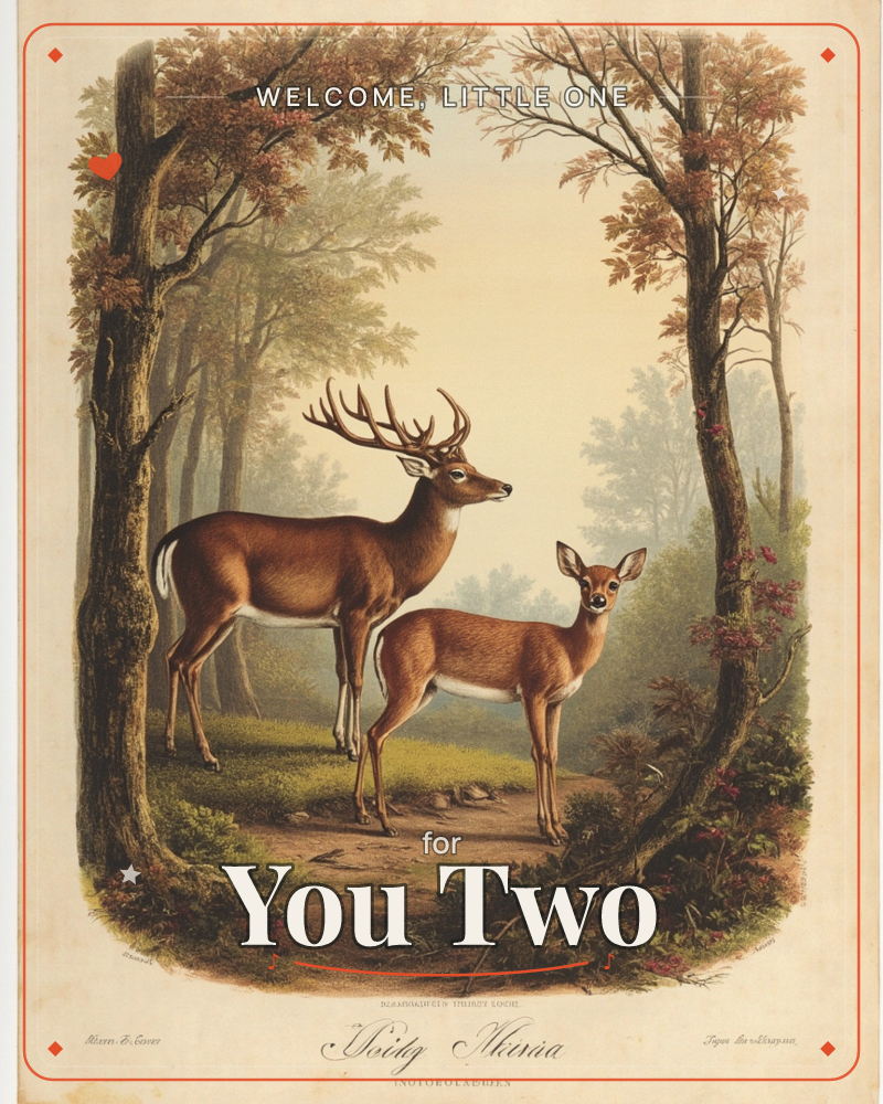 A vintage-style engraving shows a antlered buck and a doe standing on a woodland path, framed by an arch of tall trees with autumn-tinged leaves, a new baby e-card design