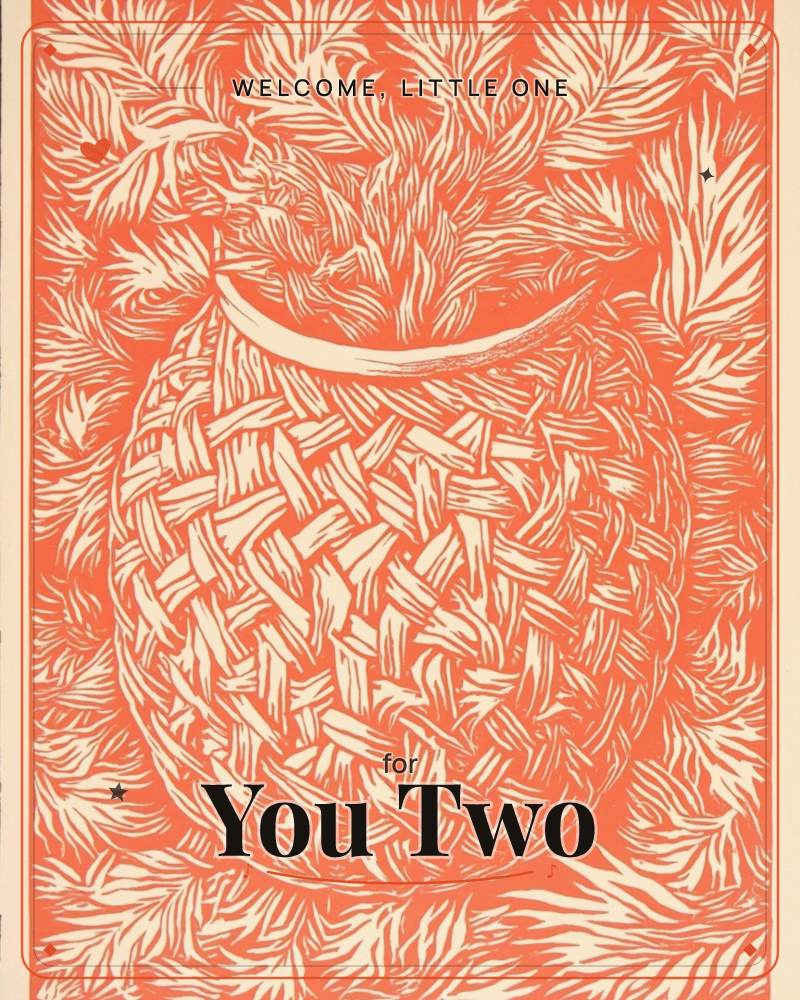 A bold pineapple fills the page, its woven cross-hatched body and spiky crown carved in thick linocut lines against a solid burnt-orange background, a new baby e-card design