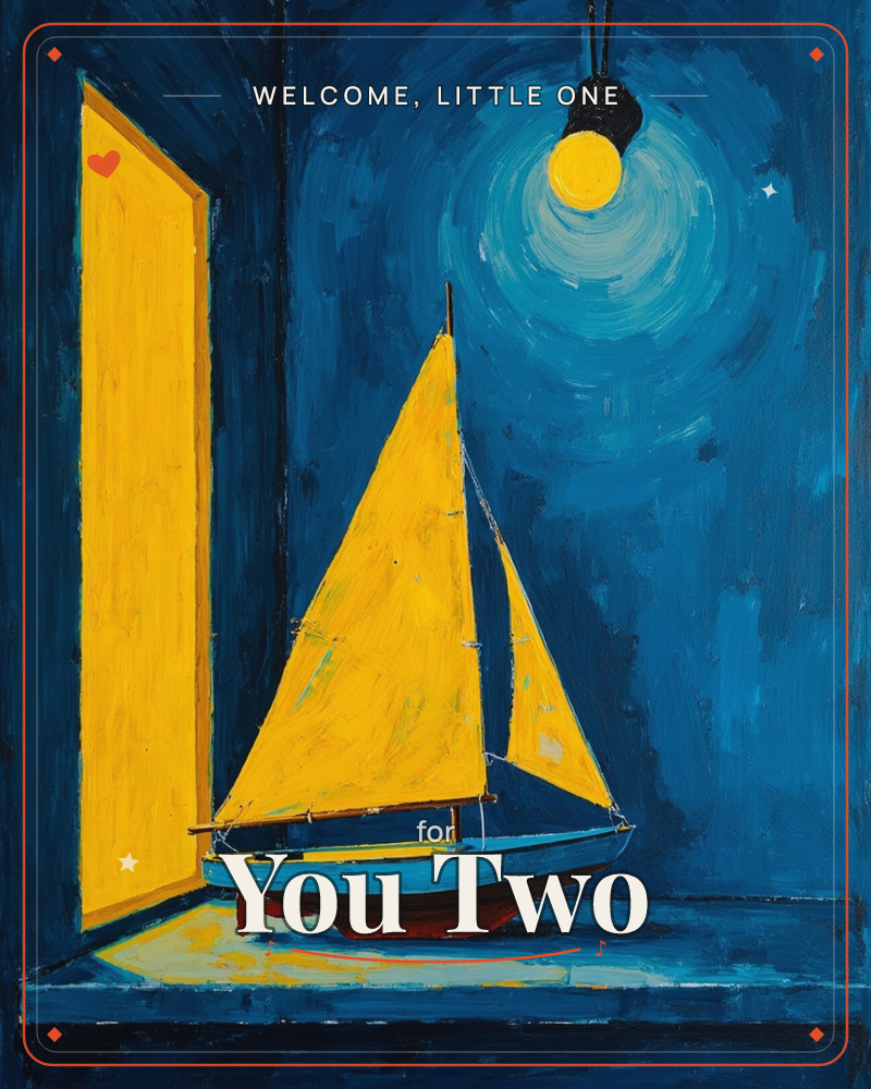 A toy sailboat with bright yellow sails sits on a dark shelf inside a deep blue room, lit by a single bulb glowing overhead and a golden doorway open…, a new baby e-card design