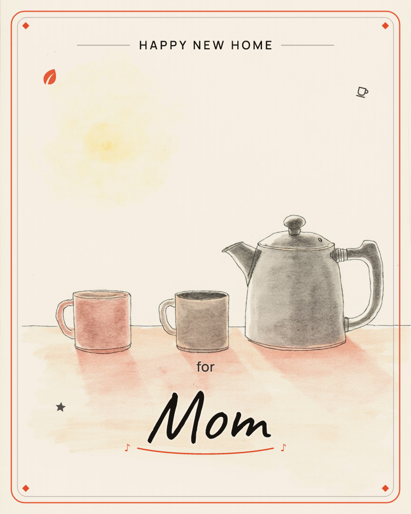 A quiet still life of two mismatched mugs and a grey teapot lined up on a wooden tabletop, with a soft yellow sun-glow washed across the pale background, a new home e-card design