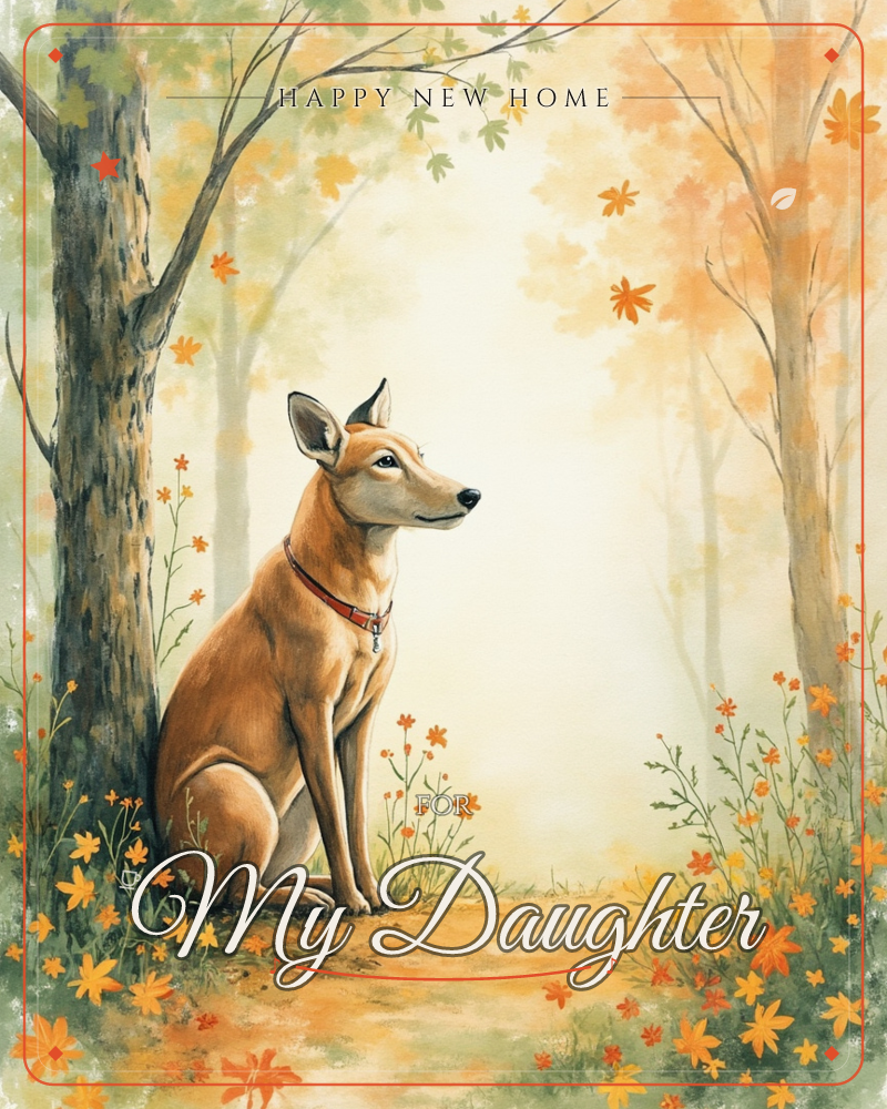 A slender tan dog with pricked ears sits beneath a tree in a hazy autumn woodland, wearing a simple red collar and gazing off to the side, a new home e-card design