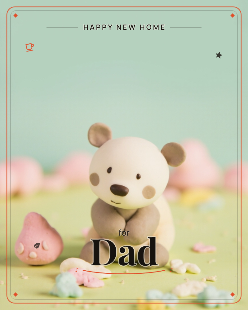 A small clay bear figure with rounded ears and cream-and-tan fur sits on a soft green surface against a mint backdrop, paws clasped together in front…, a new home e-card design