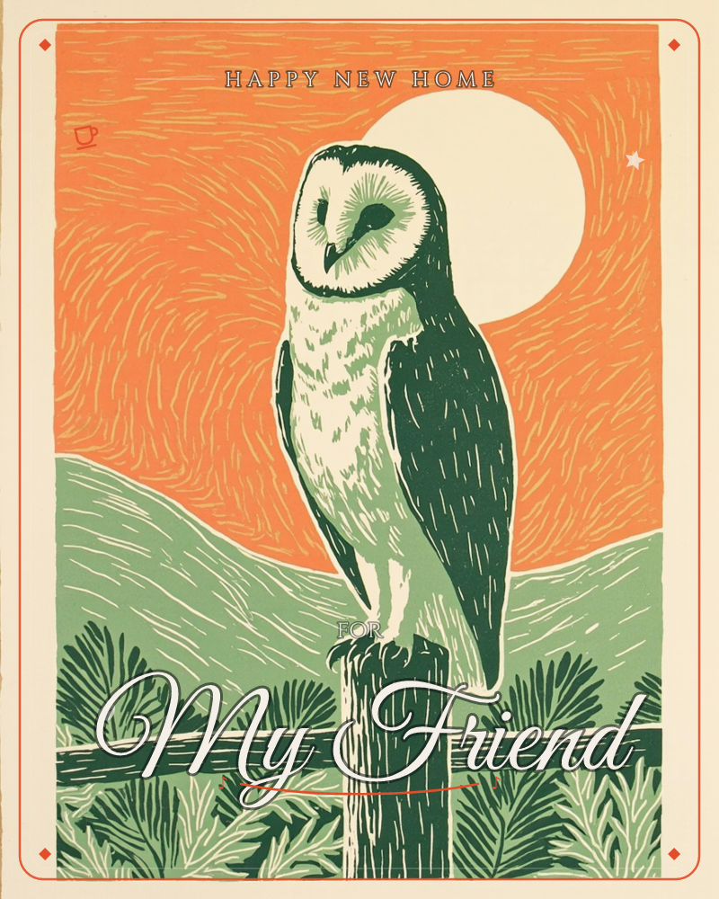 A barn owl perches on a wooden fence post, silhouetted against a bold orange sky with a full cream moon rising behind it, a new home e-card design