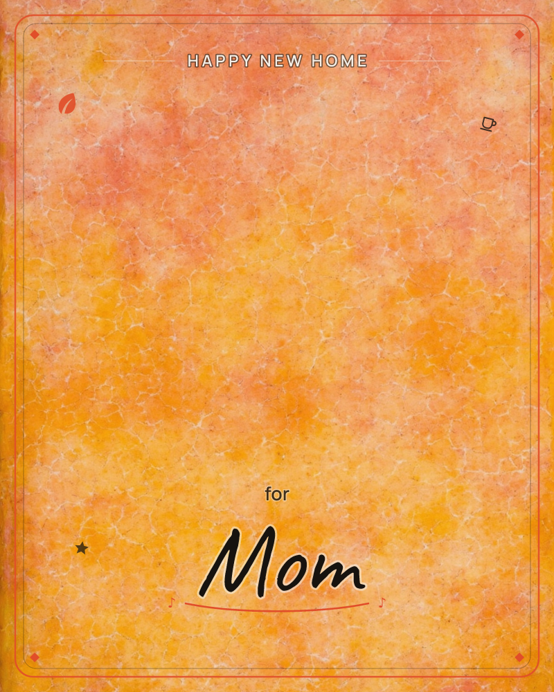 An abstract wash of warm colour fills the whole card, deep coral and rose bleeding into golden yellow toward the base, a new home e-card design