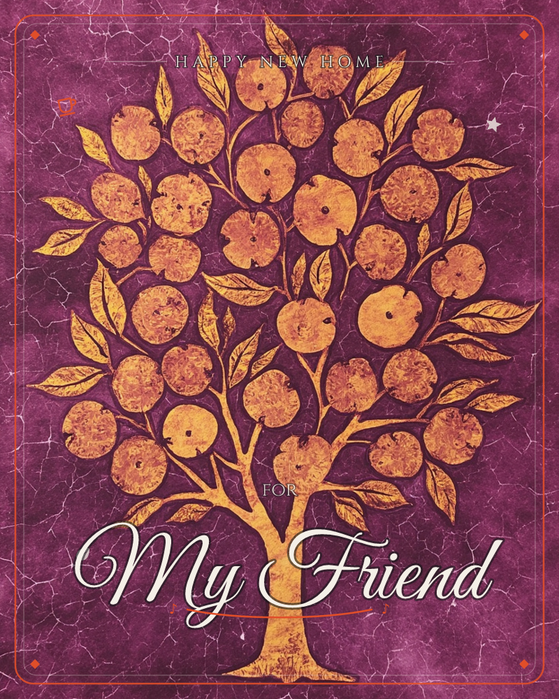 A stylised gold tree stands centred against a crackled magenta-purple background, its round fruit and pointed leaves rendered in the same warm metallic…, a new home e-card design