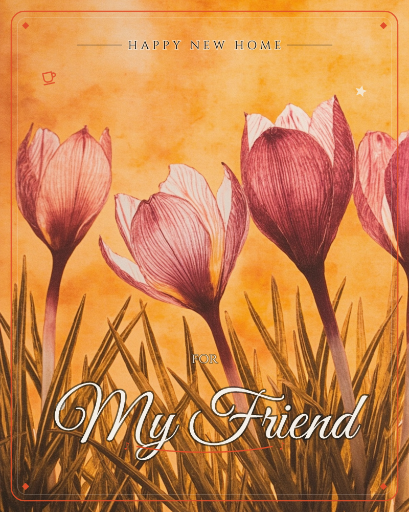 Four crocus blooms rise on slender stems above a tangle of blade-like grass, their translucent petals glowing pink and deep wine against a warm, sunlit…, a new home e-card design