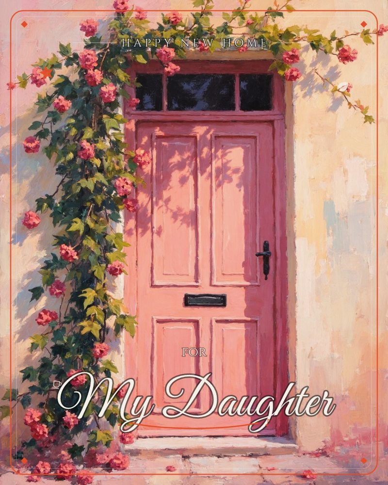 A pink panelled front door sits framed by a climbing rose in full bloom, its dark leaves and coral flowers trailing over the transom window and down…, a new home e-card design