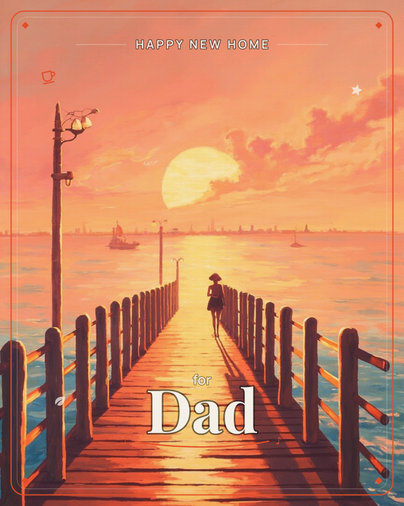 A wooden pier stretches out over calm water toward a huge glowing sun sinking into the horizon, a new home e-card design