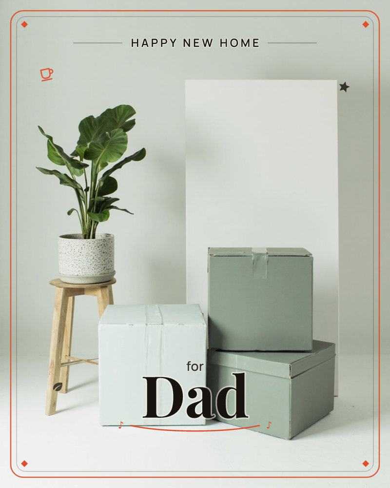 A minimalist still life shows sage-green moving boxes stacked beside a wooden stool holding a broad-leafed potted plant, a new home e-card design