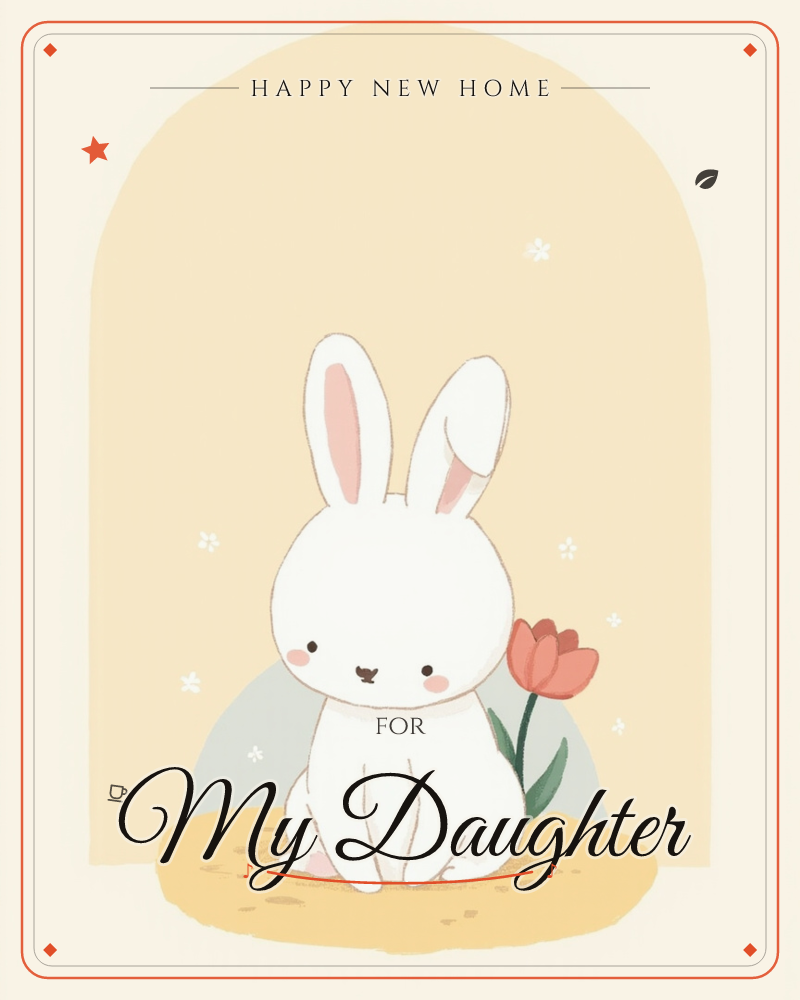 A round-eared white bunny with rosy cheeks sits on a small patch of earth beside a single red tulip, framed by a soft cream archway, a new home e-card design
