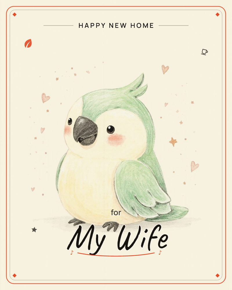 A round, wide-eyed cockatiel with soft green wings and a creamy belly sits blushing on a plain cream background, a new home e-card design