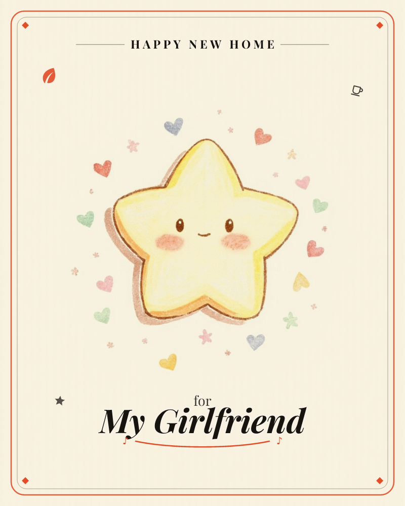 A plump yellow star with a rosy-cheeked smiling face sits at the centre of a soft cream background, a new home e-card design