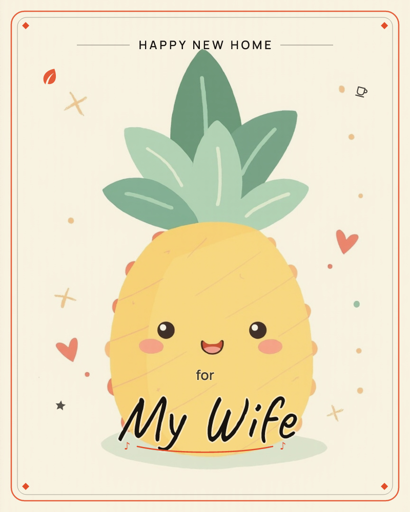 A cheerful cartoon pineapple with a rosy-cheeked smiling face sits centre stage against a soft cream glow, surrounded by floating hearts, sparkles, and…, a new home e-card design