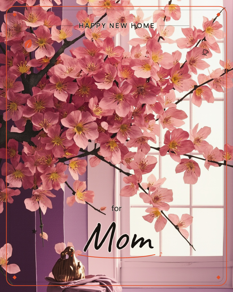A cherry blossom branch arches across a paned window, its pink flowers catching the bright light from outside against a deep purple wall, a new home e-card design