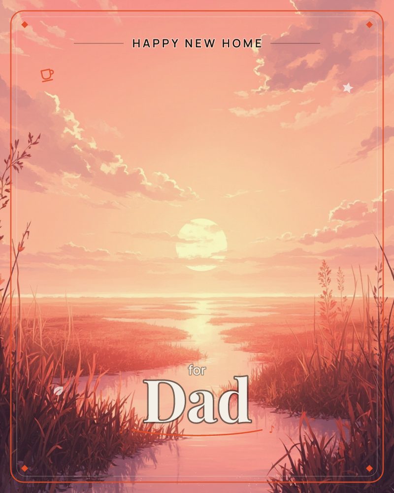 A wide marshland glows under a soft pink and gold sunset, with a pale sun sitting low on the horizon, a new home e-card design