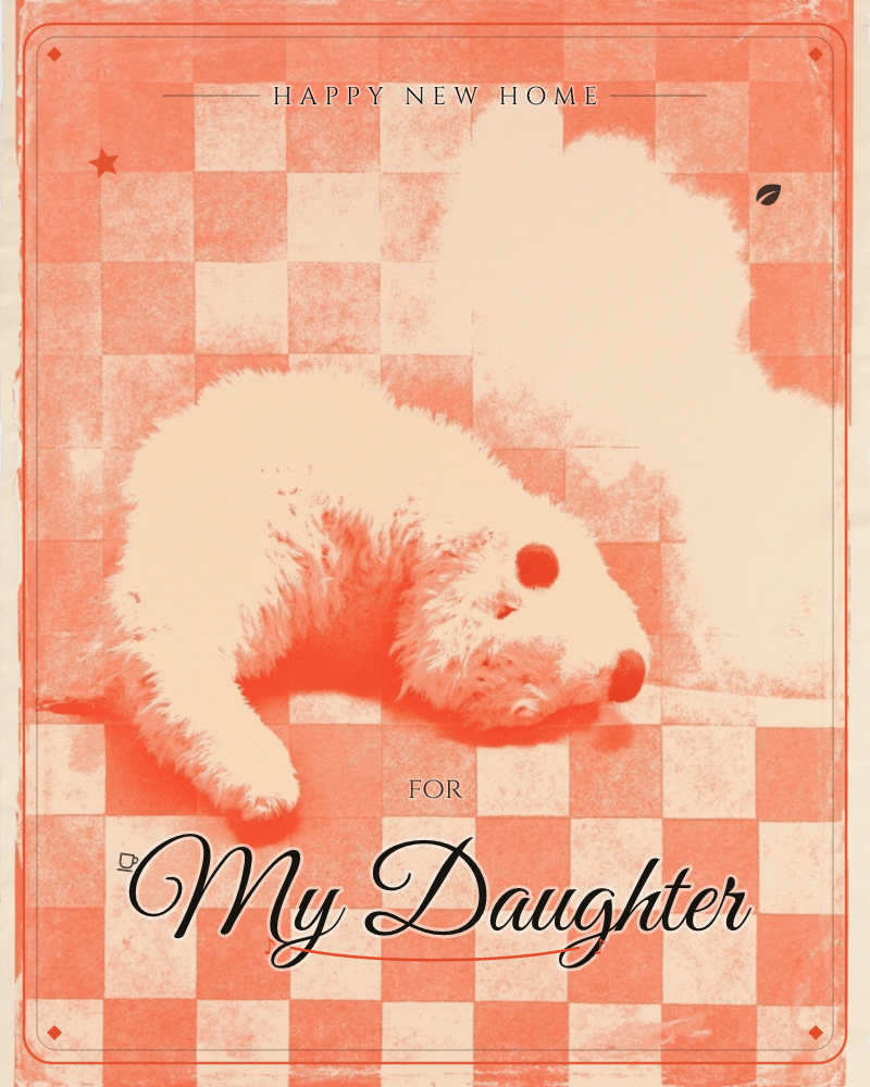 A shaggy little dog lies curled and sleeping on a checkerboard floor, rendered entirely in a bold coral-and-cream duotone print, a new home e-card design