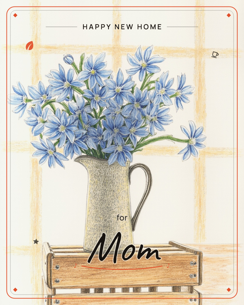 A speckled cream jug overflows with sprays of small blue star-shaped flowers, their pale petals and yellow centres rendered in fine coloured-pencil…, a new home e-card design