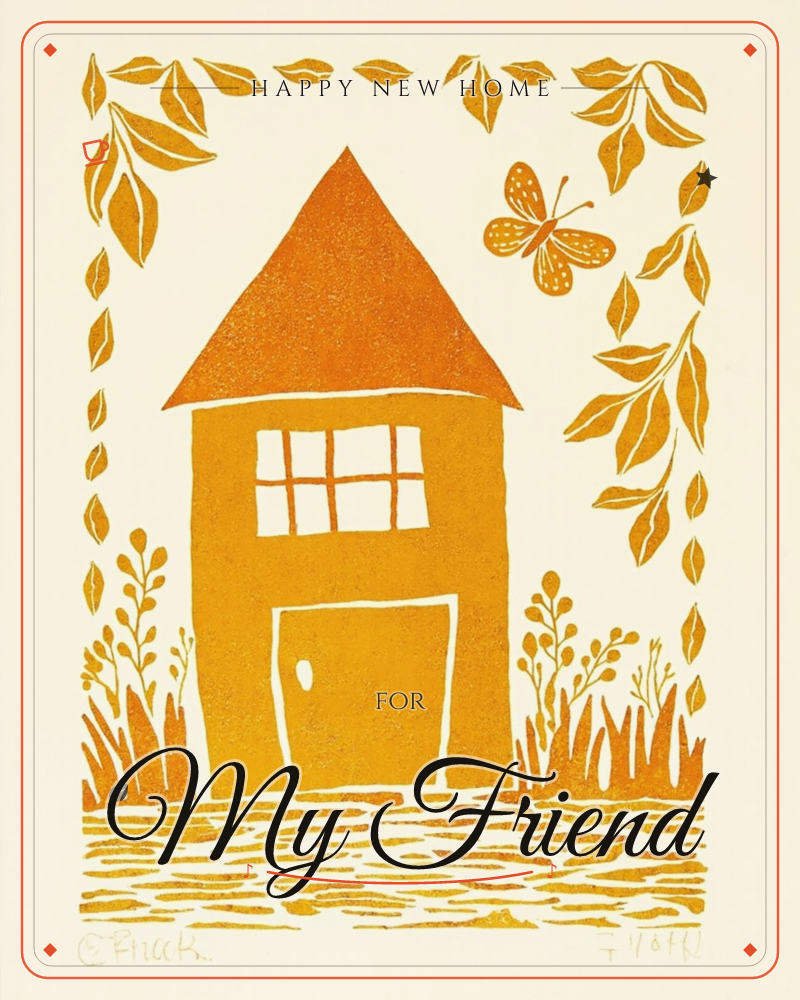 A tall, narrow cottage with a steep orange roof and a paned window stands alone on a textured golden ground, framed by a border of leafy vines and…, a new home e-card design