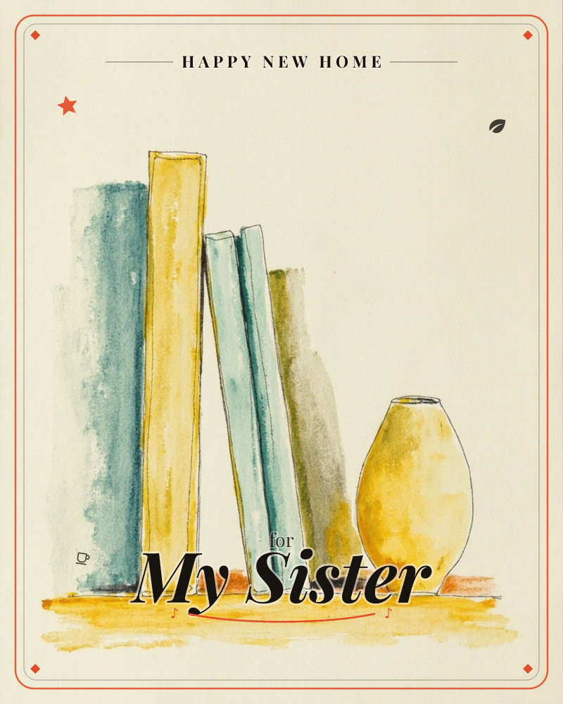 A loose watercolour still life shows a row of leaning books in teal, mustard and olive tones, propped against each other on a wooden shelf, with a…, a new home e-card design