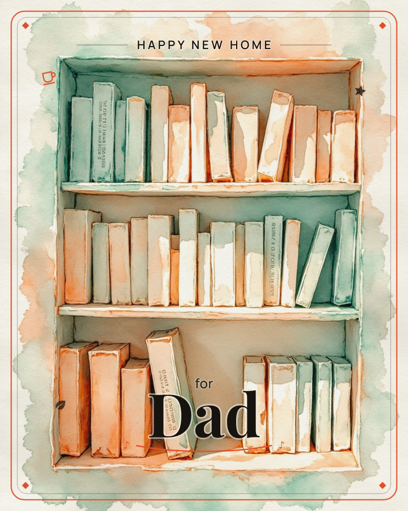 A three-tiered bookshelf is packed with rows of books in soft peach, mint and cream, their spines leaning at gentle angles and titles rendered as faint…, a new home e-card design