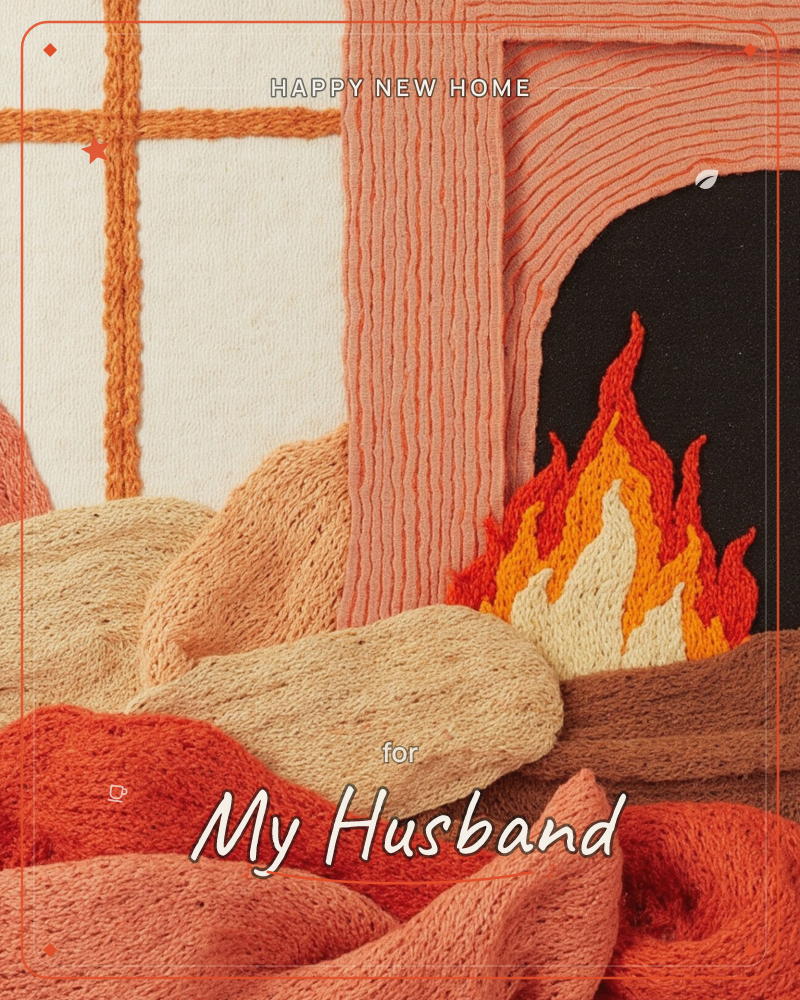 An embroidered stitch-work scene shows a cosy corner room with a paned window and a glowing arched fireplace, its threaded flames rendered in orange…, a new home e-card design