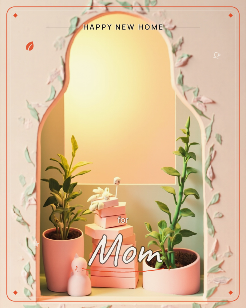 An arched alcove glows with warm golden light, framed by a raised leaf-and-vine border in soft pink and sage, a new home e-card design
