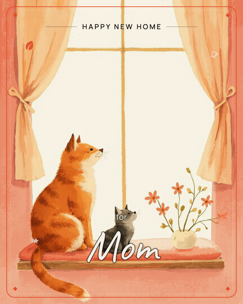 An orange tabby cat and a small grey kitten sit side by side on a sunlit windowsill, both gazing up toward the bright window beyond the curtains, a new home e-card design