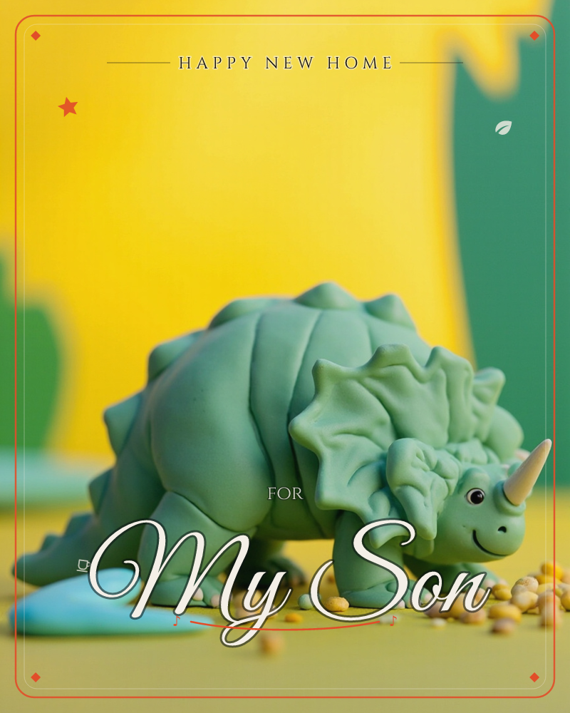 A clay-sculpted green triceratops with a smiling face and ridged frill stands on a sunny yellow surface, dotted with tiny sprinkled seed shapes, a new home e-card design