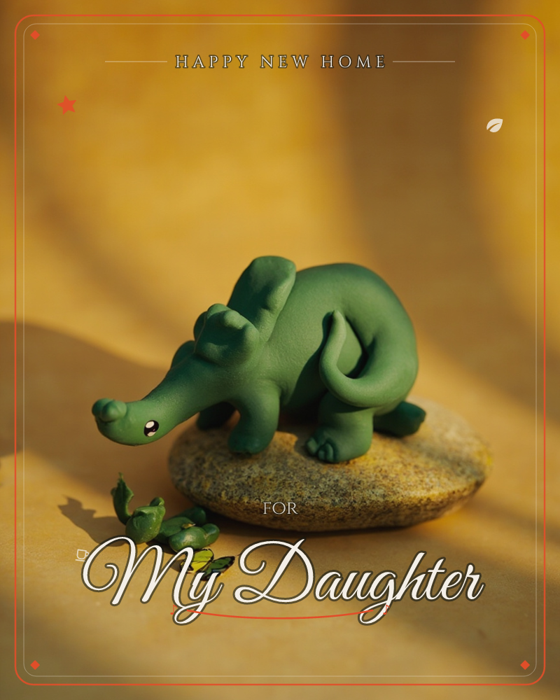 A small clay dinosaur figure with a curled tail perches on a smooth stone, gazing down at a tiny sculpted turtle and a delicate paper-winged moth below, a new home e-card design
