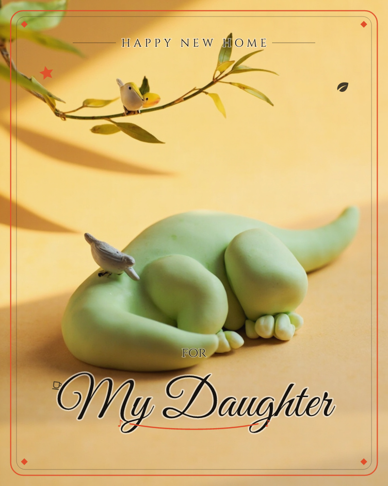A soft green clay dinosaur curls up asleep on a warm mustard surface, its tail looped and paws tucked under its chin, a new home e-card design