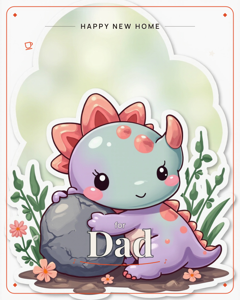 A round-cheeked baby dinosaur with a coral frill and purple spotted belly hugs a smooth grey rock like a favourite toy, a new home e-card design