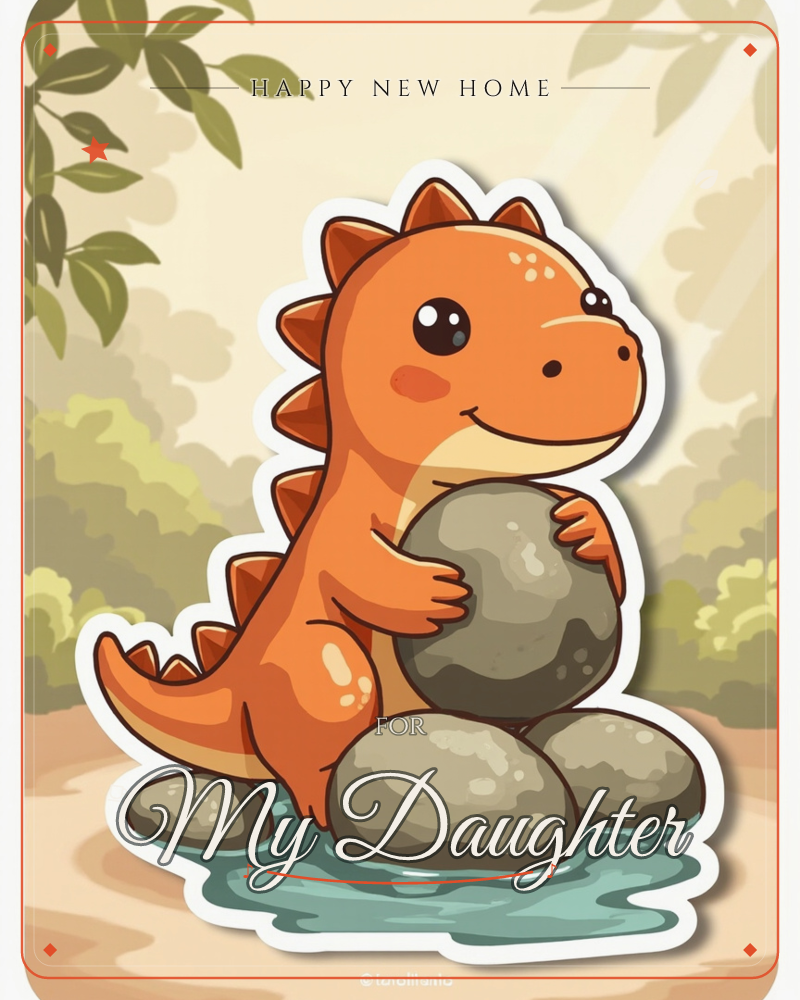 A cheerful orange dinosaur with a spiky back stands on smooth grey stones by a shallow blue stream, hugging a big round rock to its chest, a new home e-card design