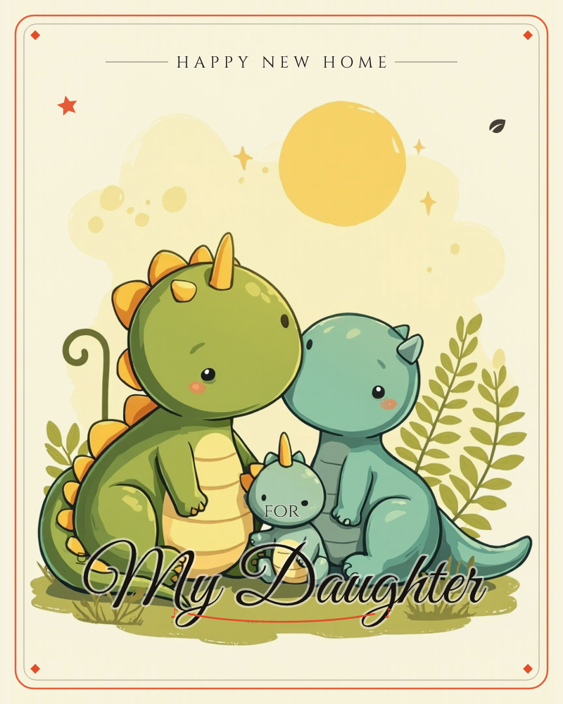 Three cartoon dinosaurs sit together on a grassy patch under a soft yellow sun, a green horned dino and a blue horned dino flanking a tiny hatchling…, a new home e-card design