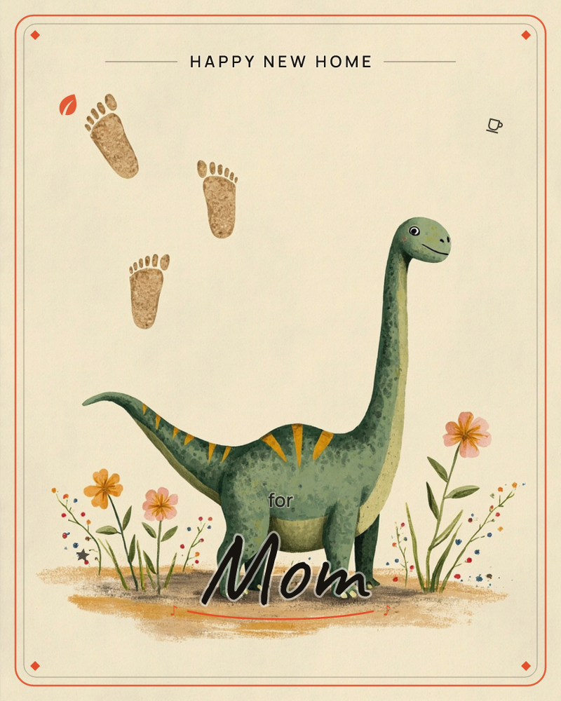 A friendly long-necked dinosaur stands among small wildflowers on a patch of sandy ground, its speckled green body marked with soft orange stripes down…, a new home e-card design