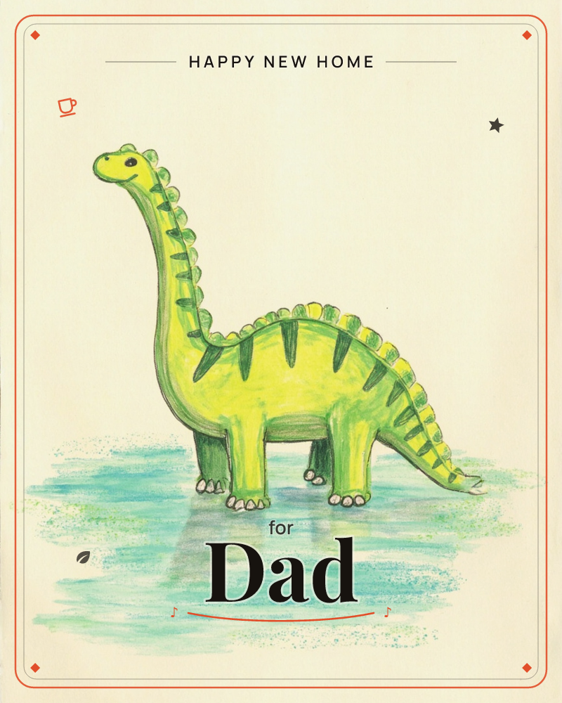 A long-necked green dinosaur stands quietly in a shallow patch of turquoise water, its curved back edged with small spiky scales, a new home e-card design
