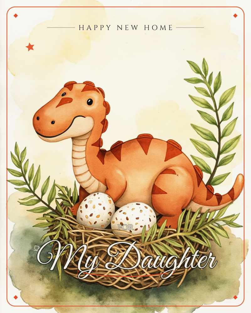 A cheerful orange dinosaur with darker triangular spots along its back sits curled inside a woven twig nest, guarding two speckled eggs beneath its belly, a new home e-card design