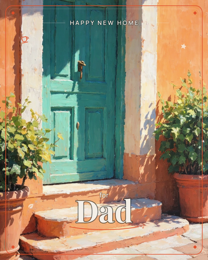 A weathered teal door sits in a sun-warmed terracotta wall, its paint scoured by years of Mediterranean light and salt air, a new home e-card design