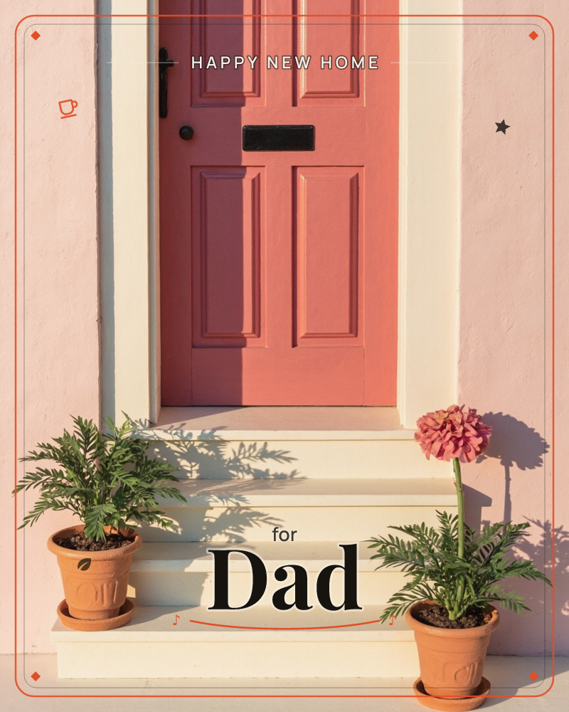 A weathered coral-pink front door sits framed by cream trim and a whitewashed wall, its brass letterbox catching the low afternoon sun, a new home e-card design