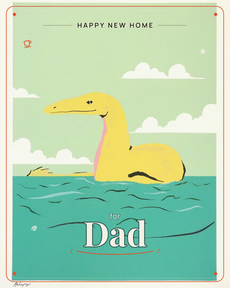 A cheerful yellow sea serpent with a soft pink throat pokes up from teal water, its long neck curved and mouth turned in a gentle smile, a new home e-card design