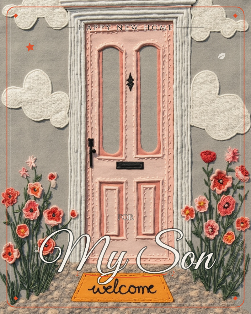 A textured, quilted-fabric illustration of a soft pink front door with a grey stone frame, flanked by tall embroidered poppies and set against a…, a new home e-card design