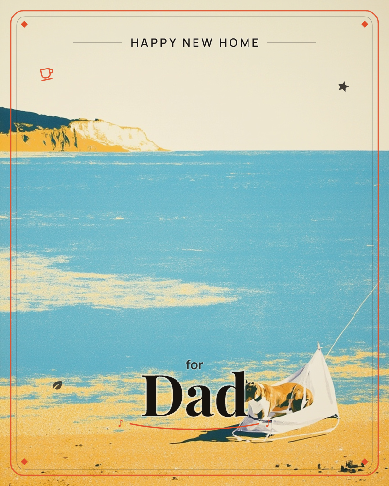 A brown and white dog perches on a small white sand yacht at the edge of a sunlit beach, facing out toward calm turquoise water and pale chalk cliffs…, a new home e-card design