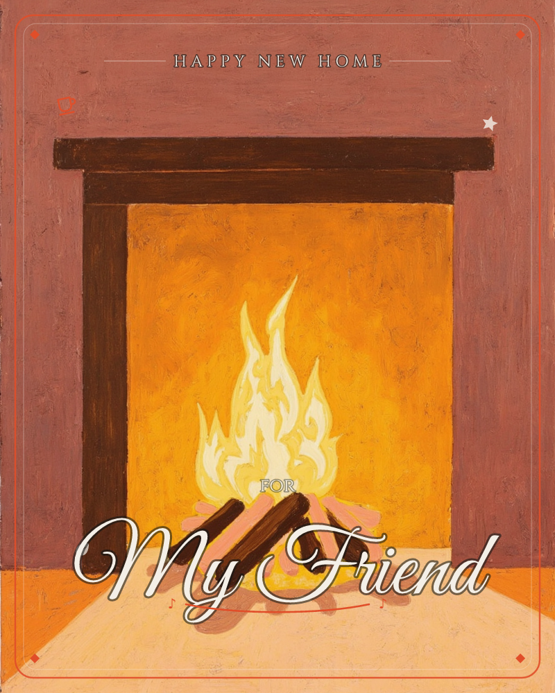 A painted fireplace glows with a bright, stylised flame licking up over a small stack of logs, set inside a dark wood mantel, a new home e-card design