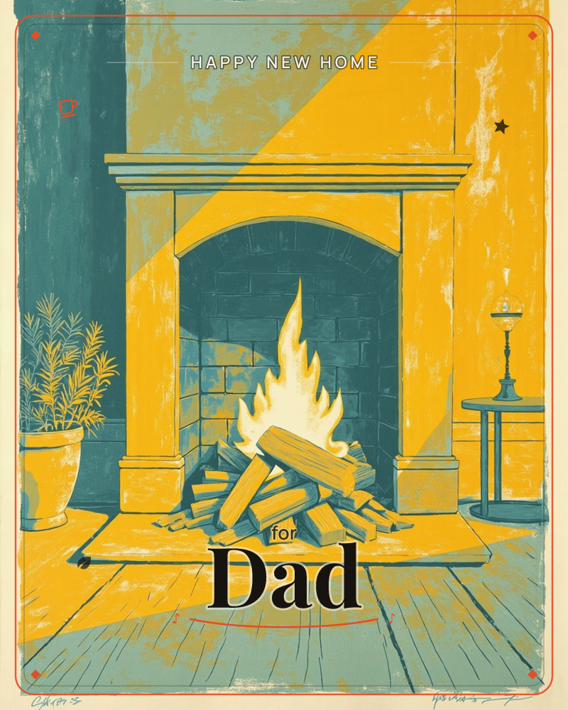 A stone fireplace glows at the centre of a cosy room, stacked logs burning bright against teal brickwork, a new home e-card design