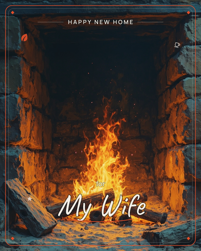 A stone hearth glows in near darkness, its rough grey blocks lit orange by a crackling log fire, a new home e-card design