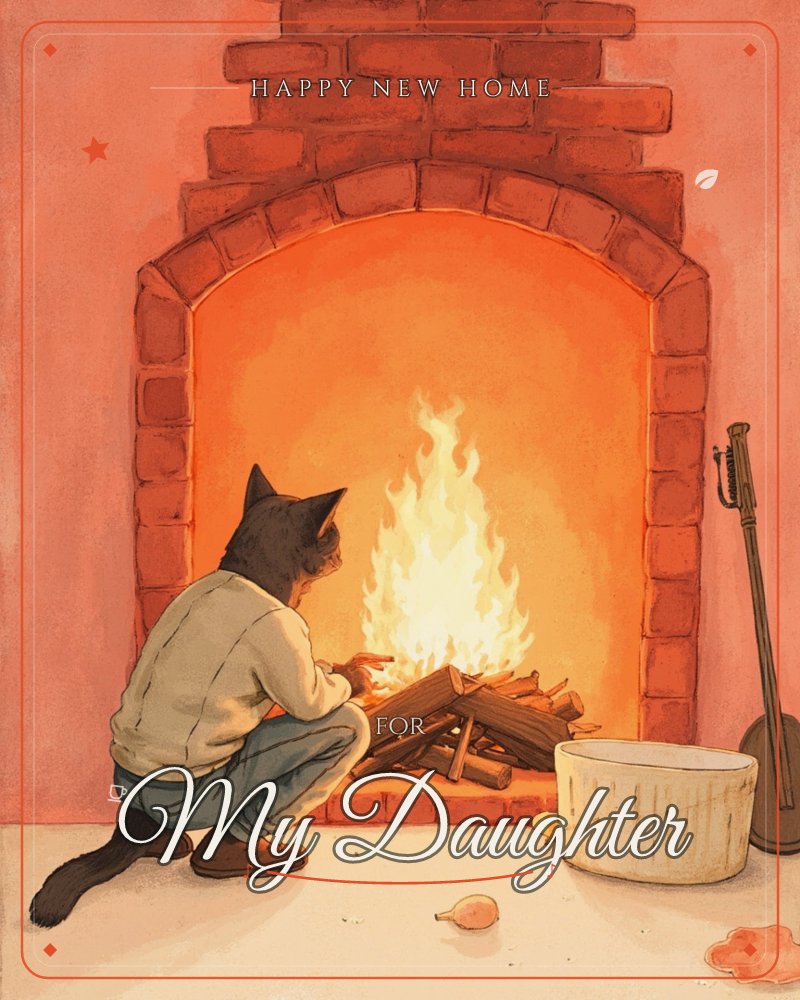A cat dressed in a cream sweater and jeans crouches before a brick fireplace, tending a bright crackling fire with its hand near the flames, a new home e-card design